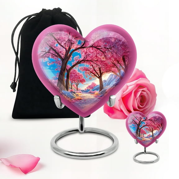 Pink Cherry Blossom Trees Handmade Small Urn For Ashes Adult Father - Large Unique Urns For Human Ashes Adult Mother - Funeral Gifts For Decorative Urn 10Inch And 3Inch Keepsake Urns