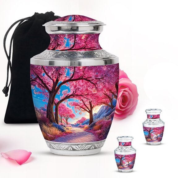 Pink Cherry Blossom Trees Memorial Large Urn For Ashes Adult Male - Mini Urn For Ashes For Women - Handmade Decorative Unique Gifts For Women Urns 10Inch And 3Inch 2 Keepsake Urns