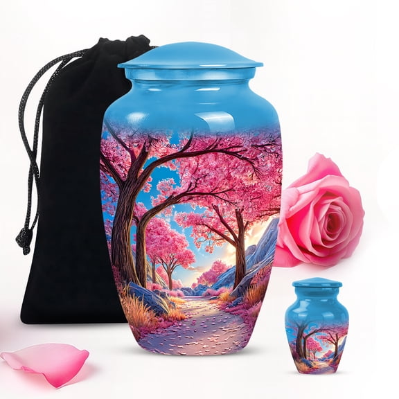 Pink Cherry Blossom Trees Memorial Large Urns For Human Ashes Adult Father - Small Urn For Ashes Adult Mother - Decorative Gifts For Funeral Urns 10Inch And 3Inch Keepsake Urn