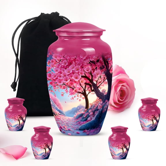 Pink Cherry Blossom Trees Tiny Urns For Human Ashes Adult Mom - Cremation Large Urn For Ashes For Women And Men - Decorative Gifts For Funeral Urns 10Inch And 3Inch 4 Keepsake Urn