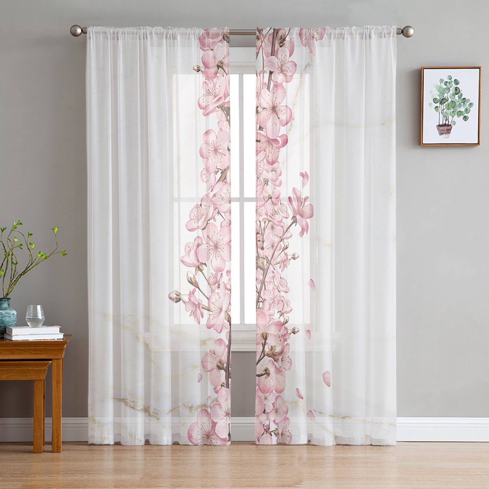 Pink Cherry Blossom Tulle Sheer Window Curtains For Living Room The ...