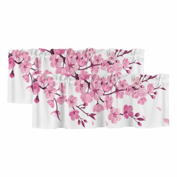 Pink Cherry Blossom Window Valance, Spring Flower Branch 2 Pack Decorative Curtain for Small Windows, Light Filtering Valance with 3” Rod Pocket, 42"W x 12"L