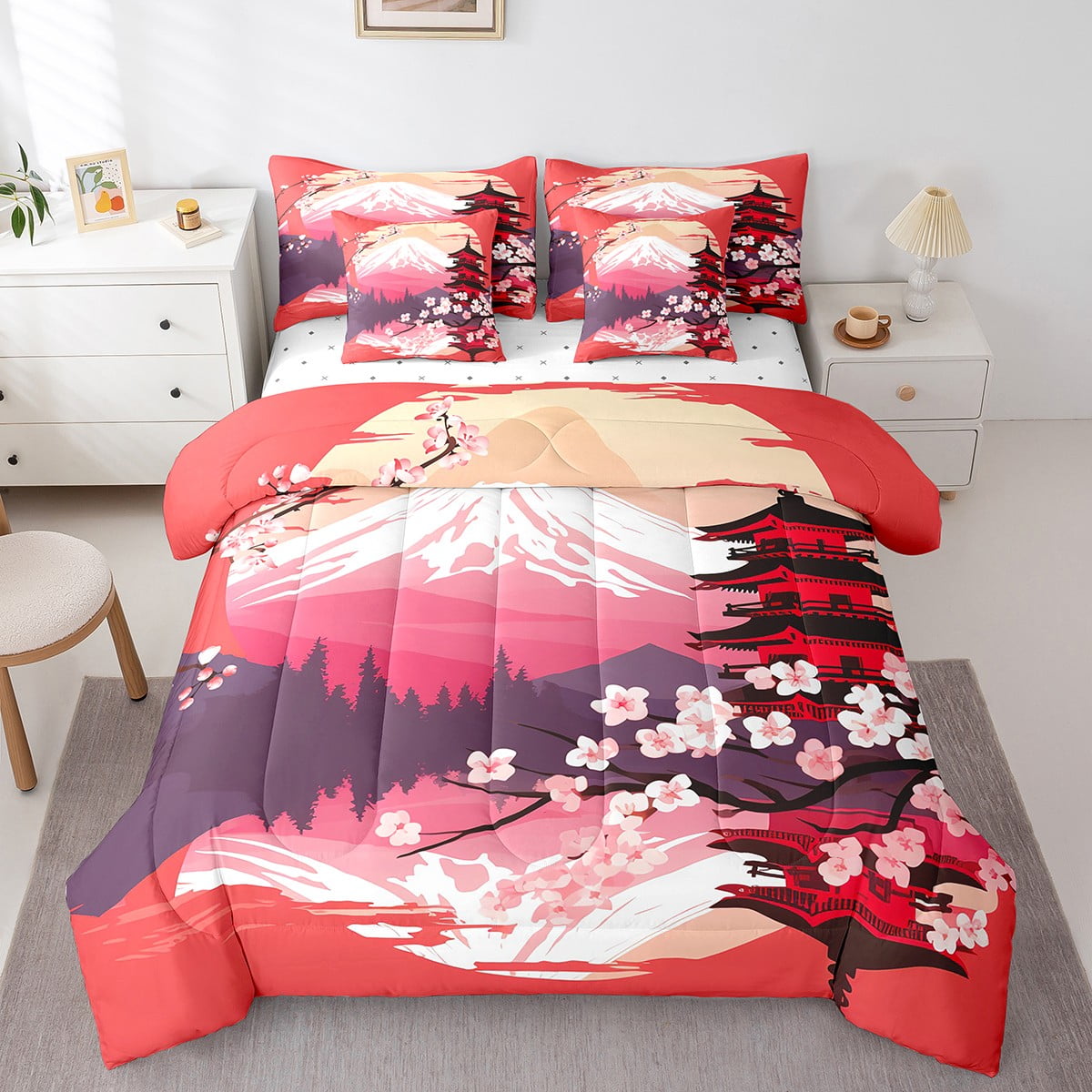 Pink Cherry Blossoms Bed in a Bag Japanese Style Bedding Set, Botanical