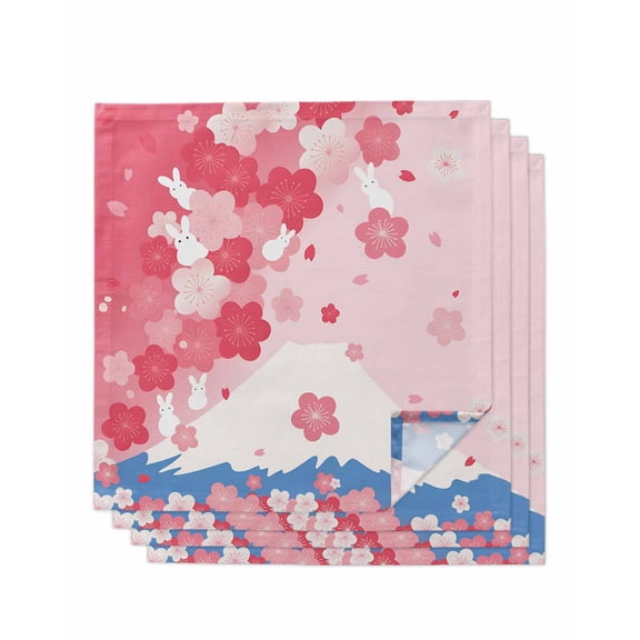 Pink Cherry Blossoms Cloth Napkins Set of 4 Reusable Dinner Napkins, Harmony Mountain Fuji Cute Rabbit Cocktail Napkin Washable Table Napkins for Wedding/Holiday Party/Baby Shower 20"x20"