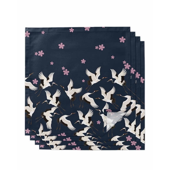 Pink Cherry Blossoms Cloth Napkins Set of 4 Reusable Dinner Napkins, Japanese Crane Navy Blue Cocktail Napkin Washable Table Napkins for Wedding/Holiday Party/Baby Shower 20"x20"