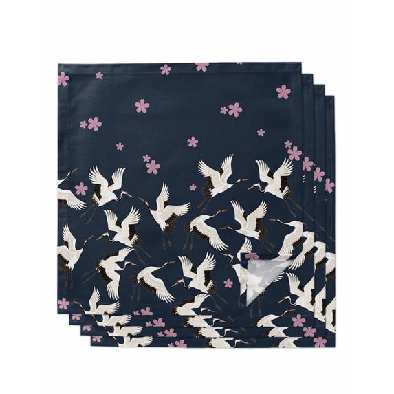 Pink Cherry Blossoms Cloth Napkins Set of 4 Reusable Dinner Napkins, Japanese Crane Navy Blue Cocktail Napkin Washable Table Napkins for Wedding/Holiday Party/Baby Shower 20"x20"