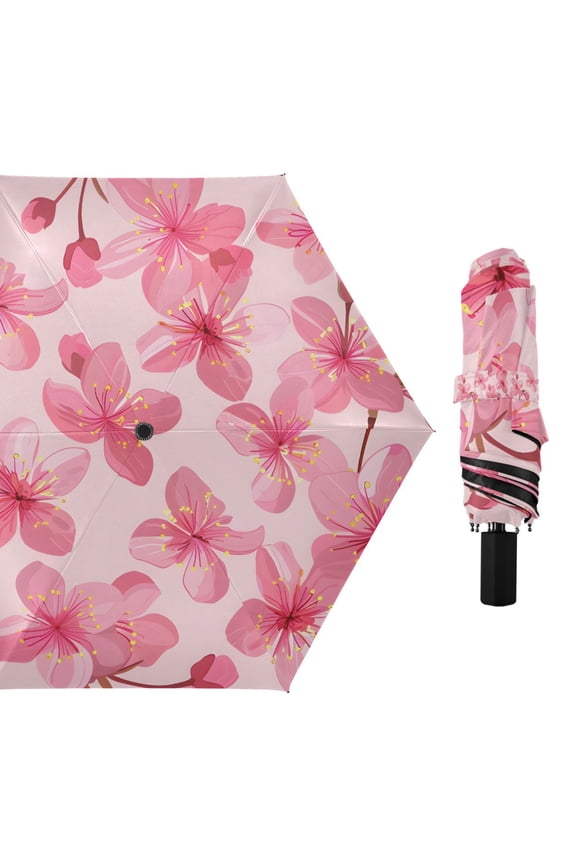 Pink Cherry Blossoms Compact Sun Umbrella Windproof Travel Umbrellas for Rain Strong Portable UV Protection