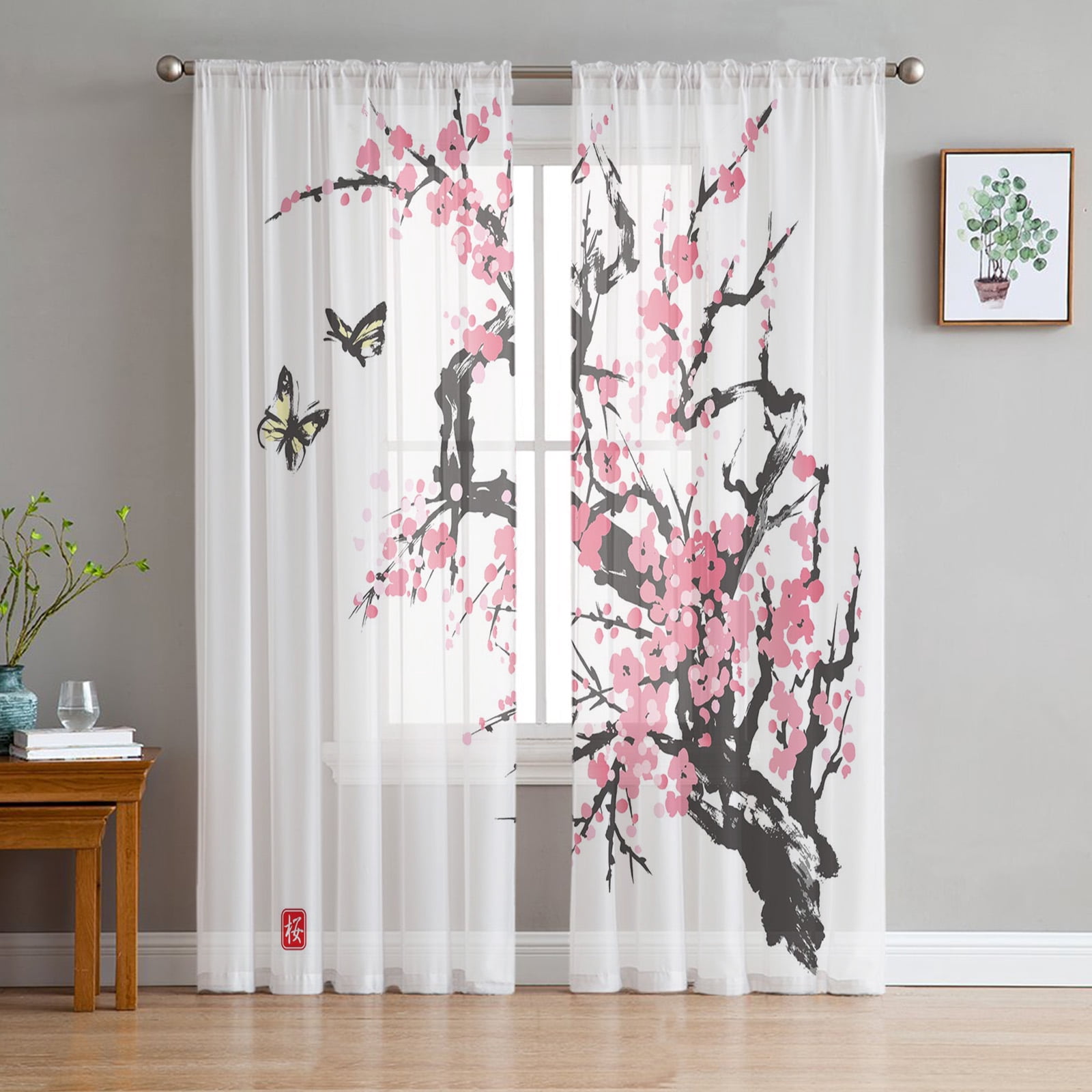 Pink Cherry Blossoms Flower Sheer Curtains Window Curtains for Living