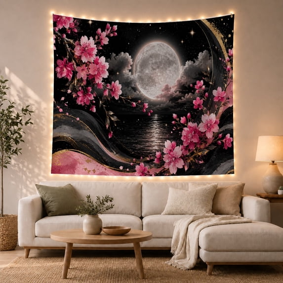 Pink Cherry Blossoms Against a Full Moon in a Starry Sky Dreamy Celestial for Nature Lovers Mystical Wall Art Decor Housewarming Gift Tapestry Wall Hanging for Bedroom and Living Room