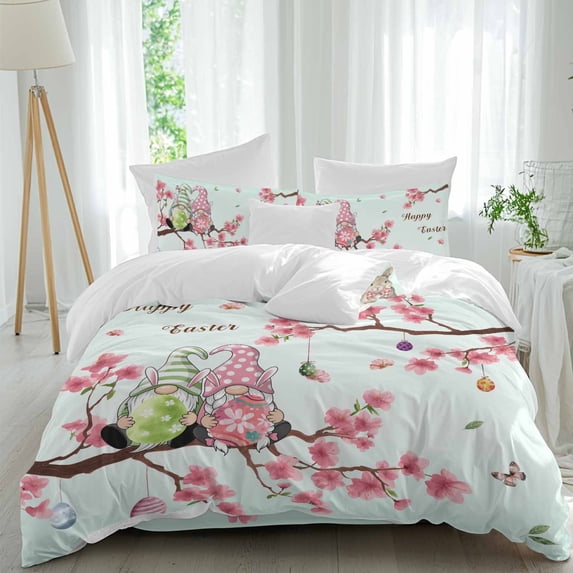 Pink Cherry Blossoms Full Size Comforter Set, Gnome Happy Easter Rabbits Colored Egg Bedding for All Seasons, 4 Pcs Bed Set, 1Quiltcover (86"x86") ,1Sheet(80"x116"), 2Pillowcases (30"x20")