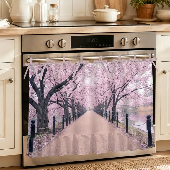Pink Cherry Blossoms Oven Skirt for Farmhouse Kitchen Décor, Spring Botanical Flowers Nature View Oven Curtain Tie Top Decorative Stove Skirt, Cabinet Dish Washer Curtains with 8 Ribbon Ties 27"x20"