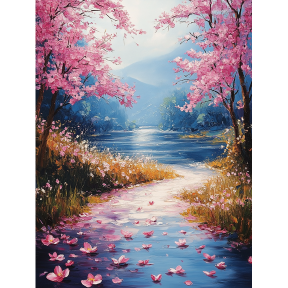 Pink Cherry Blossoms River Landscape Canvas Painting Suitable for Living Room Bedroom Office Bathroom and Hallway Decoration.