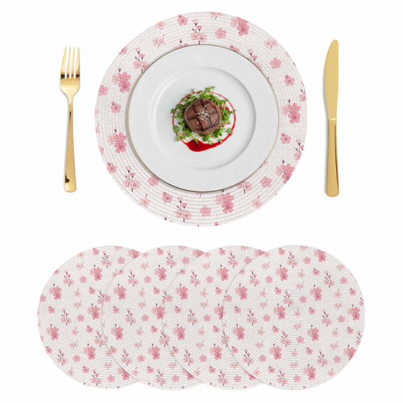 Pink Cherry Blossoms Round 13 Inch Placemats Set of 4, Spring Floral Flowers Beige HeatResistant Non Slip Place Mats for Dining Table, Wipeable Braided Kitchen Table Mats for Housewarming