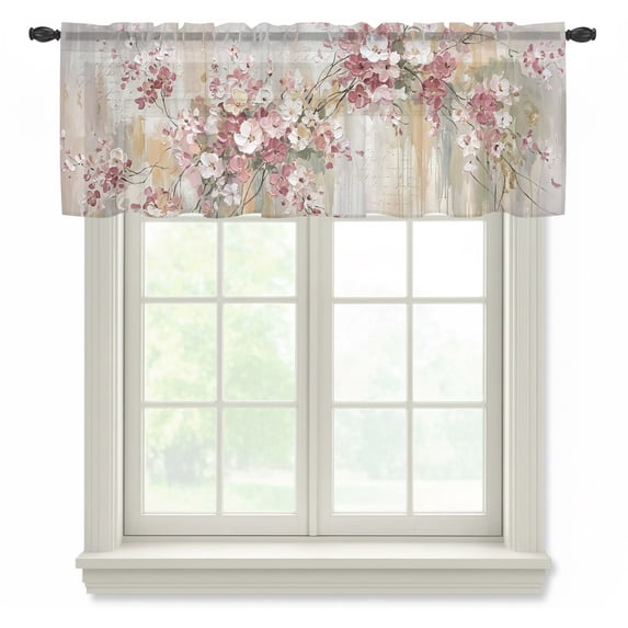 Pink Cherry Blossoms Sheer Curtains Valances for Windows Vintage Branch Flowers Oil Painting Chiffon Kitchen Valances for Cafe, Voile Window Treatments Curtains for Living Room Bedroom, 54"x18"