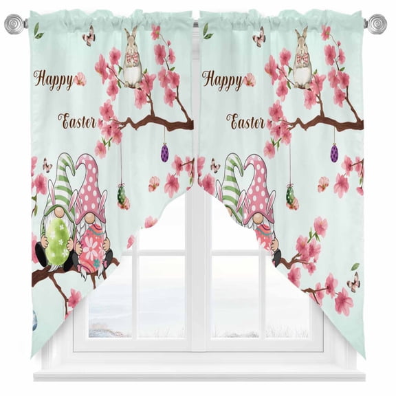 Pink Cherry Blossoms Swag Kitchen Curtain Valances, Gnome Happy Easter Rabbits Colored Egg Rod Pocket Curtains Window Treatment Decor Valances for Bedroom Bathroom, 2 Panels 36 x 45 Inch