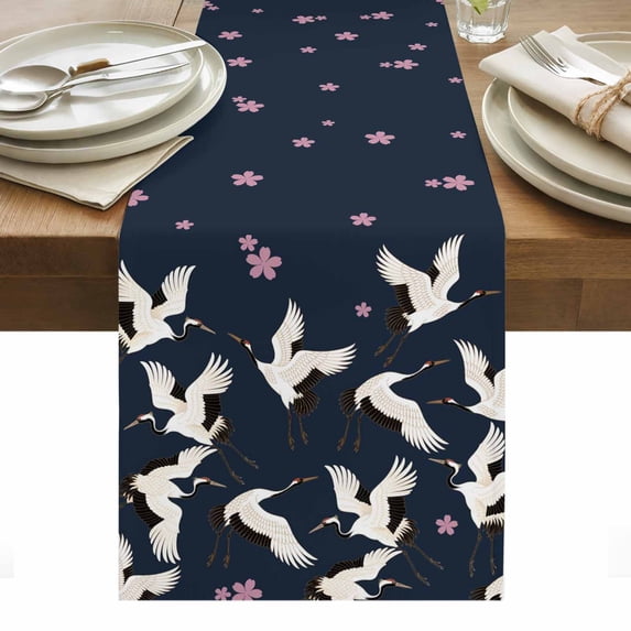 Pink Cherry Blossoms Table Runner - 72 Inch Long, Kitchen Dining Table Runner Dresser Scarves, Japanese Crane Navy Blue Farmhouse Decor for Coffee Tables Wedding Party Banquet