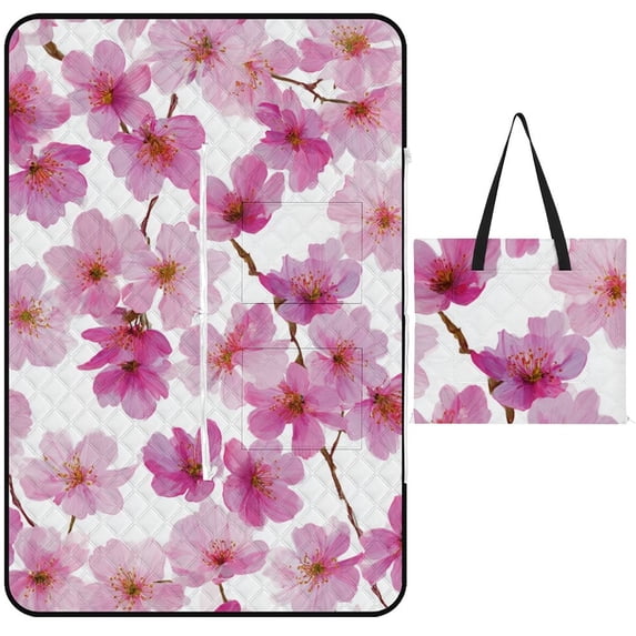 Pink Cherry Blossoms White Background Floral Pattern Waterproof Picnic Blanket with Foldable Zipper, Suitable for Outdoor Use, Suitable for Travel, Camping, Beaches, Parks, Grasslands, Picnic Blanket