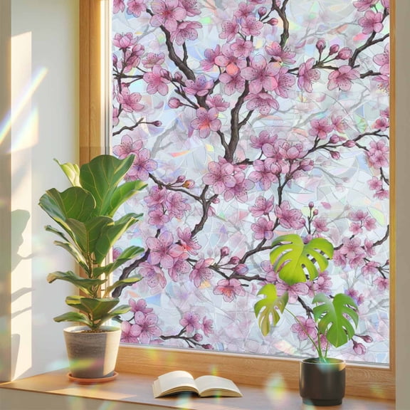 Pink Cherry Blossoms Window Privacy Film, Watercolor Flower Branches Farmhouse Stained Glass Rainbow Film Decorative Window Clings, Static Cling Sun Blocking Stickers 17.7" x 39.3"