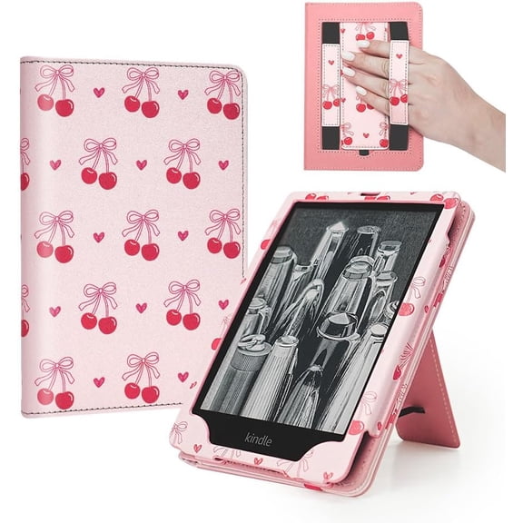 Pink Cherry Bow Case for 7"/6.8" eReaders,Compatible with Kindle Paperwhite 12th/11th Gen,MEEBOOK,Pocketbook,Colorsoft, Cute Stand Hand Strap Book Cover Sleeve Ebook Gifts Accessories 2024 2025