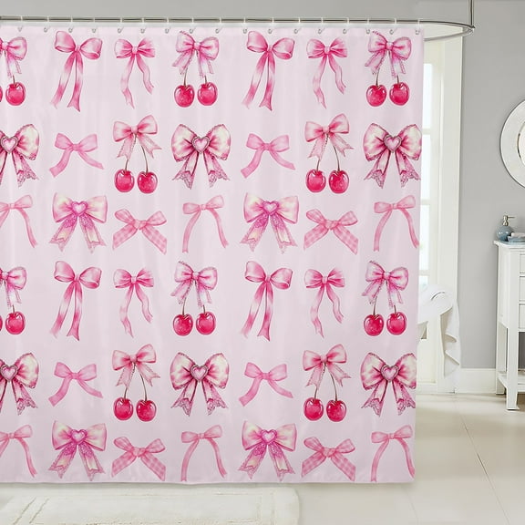 Pink Cherry Bow Fabric&nbsp;Shower&nbsp;Curtain Cute Silk Ribbon Bowknot Bath&nbsp;Curtain 72"Wx72"L,Princess Bow Tie Dreamy Kawaii Bathroom&nbsp;Accessories,Girly Light Pink Room Decor Aesthetic