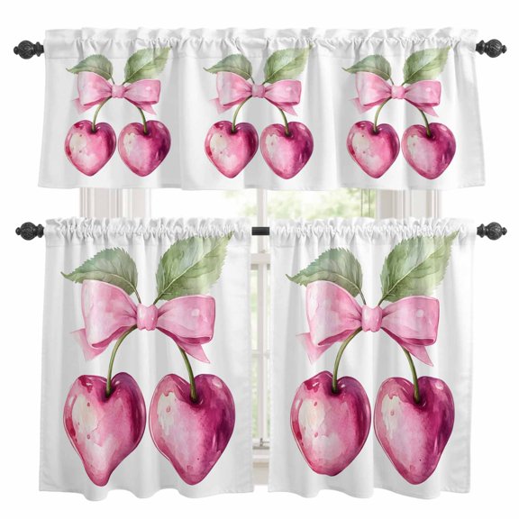 Pink Cherry Bow Kitchen Curtains Set for Windows, Spring Sweet Heart-shaped Cherry Green Leaf Curtains Valance and Tier 3 Piece Set Small Drapes 24 Inch Length for Kitchen Bedroom Decor