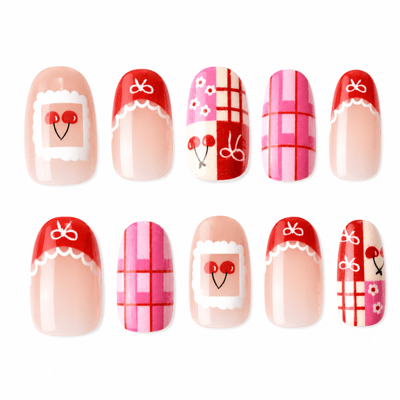 Pink Cherry Bow Press on Nails, Short Oval Glossy False Nails with Grid Design, 30 Count