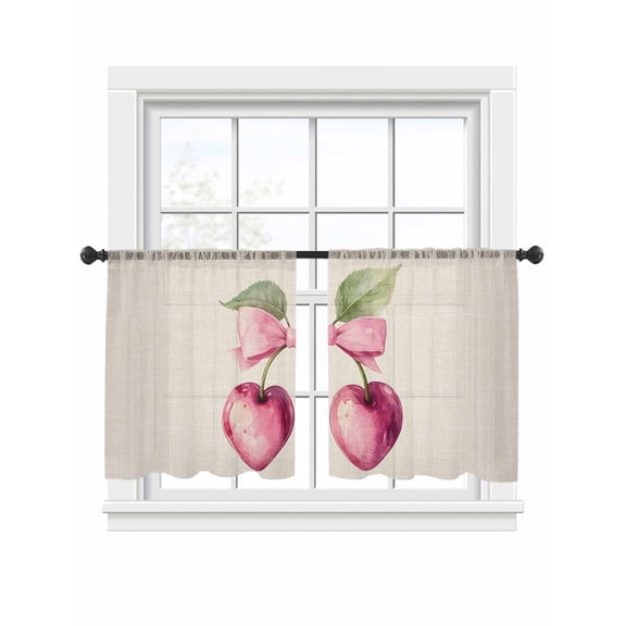 Pink Cherry Bow Sheer Curtains 2 Panels Set Spring Sweet Heart-shaped Cherry Linen Texture Sheer Window Curtains Light Filtering Rod Pocket Voile Drapes for Bedroom Living Room 52"x54"