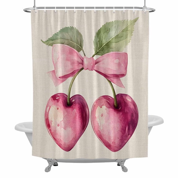 Pink Cherry Bow Shower Curtain for Bathroom, Spring Sweet Heart-shaped Cherry Linen Texture Waterproof Cloth Fabric Bathroom Accessories Set with 12 Rust Proof Plastic Hooks, 36"x78"