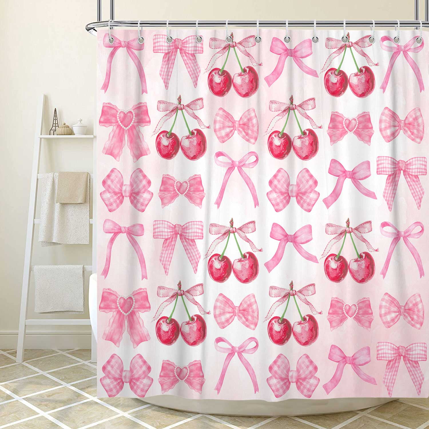 Pink Cherry Bow Shower Curtain, Cute Fruit Cherry Preppy Fabric Shower ...
