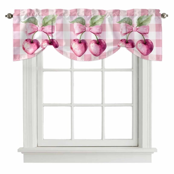 Pink Cherry Bow Tie Up Valance for Windows, Spring Sweet Heart-shaped Cherry Pink Plaid Adjustable Rod Pocket Tie Up Valance Curtains Window Treatment for Kitchen Bathroom Bedroom 42 X 12 Inch