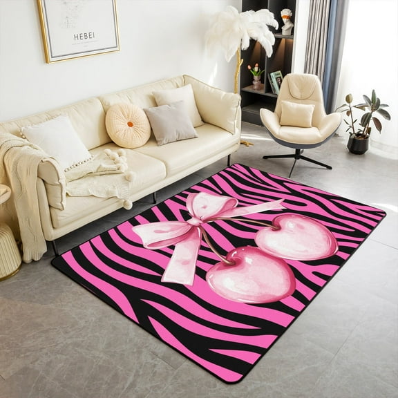 Pink Cherry Bowknot Area Rug,Zebra Stripe Geometric Patchwork Indoor Floor Mat Entrance Rug Women,Bow Tie Princessy Non Slip Rug,Bright Couch Living Room Decor,3'x5'