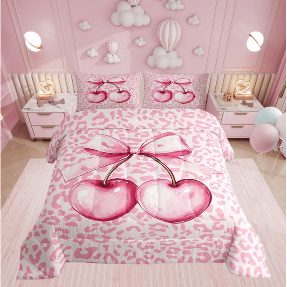 Pink Cherry Bowknot Comforter Set Full Size,Leopard Cheetah Animal Bedding Set,Women Room Decor,Cherry Bow Tie ish Down Comforter,Dreamy Unique Duvet Insert,2 Pillowcases