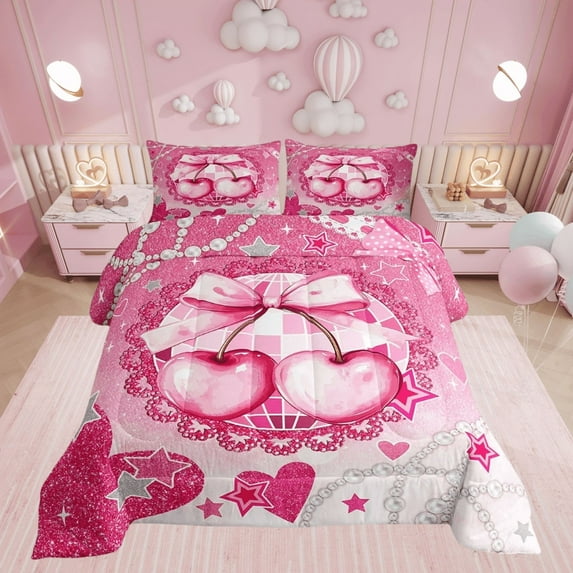 Pink Cherry Bowknot Comforter Set King Size,Bowknot Diamond Star Love Heart Bedding Set,Women Room Decor,Bow Tie Dots Princess Down Comforter,Romantic Chic Duvet Insert,2 Pillowcases