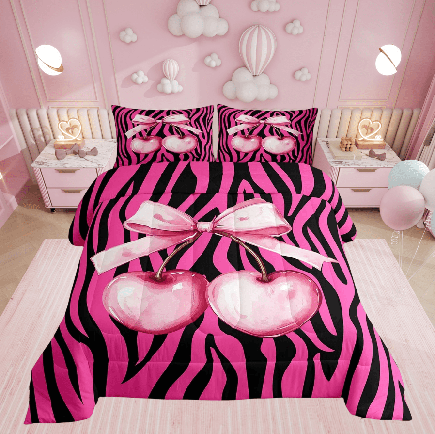 Pink Cherry Bowknot Comforter Set Full Size,Zebra Stripe Geometric  Patchwork Bedding Set,Women Room Decor,Bow Tie Princess Girly Down  Comforter,Bright Duvet Insert,2 Pillowcases - Walmart Business Supplies, image size:898x895