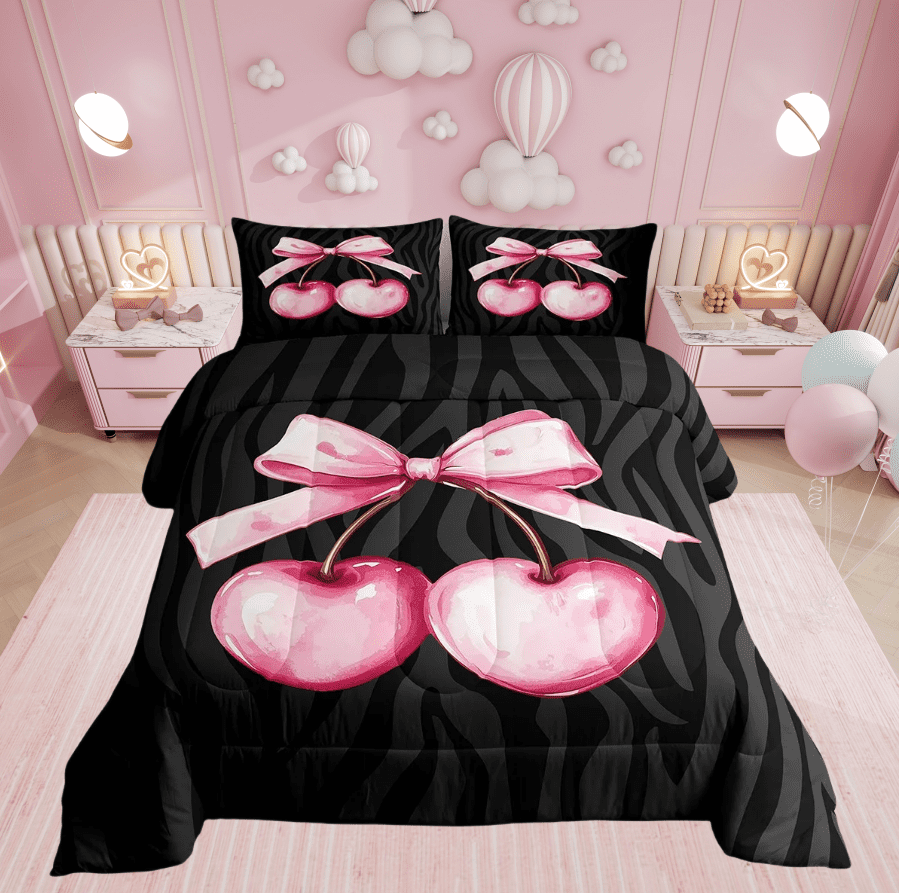 Pink Bowknot Comforter Set Queen Size,Leopard Cheetah Abstract Bedding  Set,Women Room Decor,Cherry Bow Tie Princess Girly Down Comforter,Black  Fashion Duvet Insert,2 Pillowcases - Walmart Business Supplies, image size:899x893