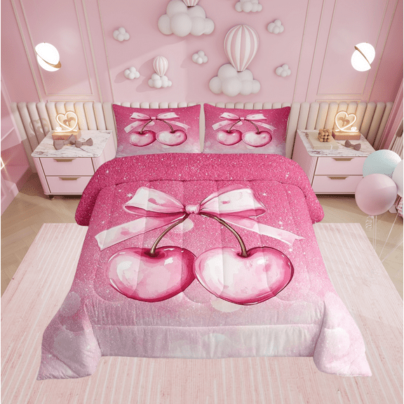 Pink Cherry Bowknot Comforter Set King Size,Bow Tie Girly Princess Bedding Set,Women Room Decor,Glitter Starry Sky Gradient Down Comforter,Sweet Dreamy Duvet Insert,2 Pillowcases