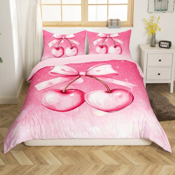 Pink Cherry Bowknot Duvet Cover Set King Size,Bow Tie Girly Princess Bedding Set,Women Room Decor,Glitter Starry Sky Gradient Sweet Dreamy Quilt Cover,2 Pillowcases(No Comforter)