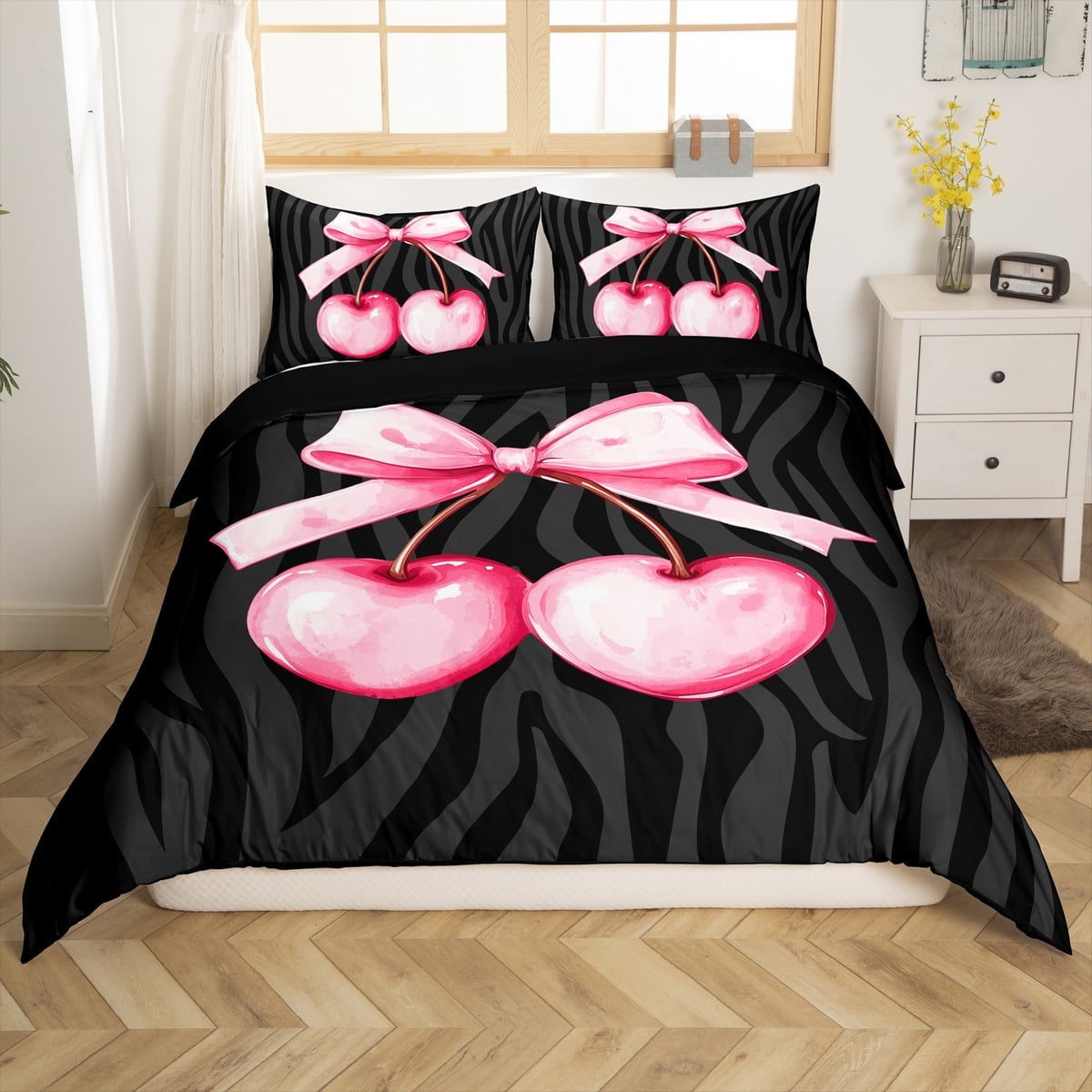 Pink Cherry Bowknot Duvet Cover Set King Size,Zebra Stripes Geometric Black  Bedding Set,Women Room Decor,Bow Tie Princess Girly Romantic Quilt Cover,2  Pillowcases（No Comforter） - Walmart.com, image size:1200x1200