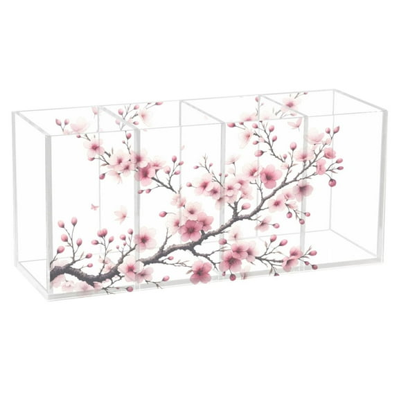 Pink Cherry Branch Acrylic Pen Holder Cup 4 Compartments Clear Pencil Organizer Makeup Brush Holder Storage for Office Desktop Dorm