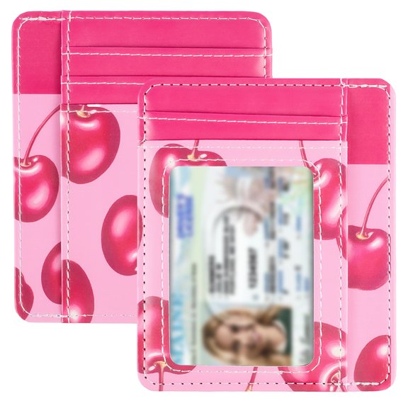 Pink Cherry Card Holder Credit Card Holder Slim Wallet Cherry Rectangle PU Imitation Leather Front Pocket Driver License Protector Cases ID Window