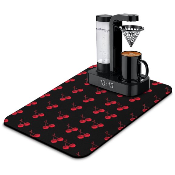 Pink Cherry Coffee Station Mat - 4-Layer Non-Slip Absorbent Mat, Cherry Pattern for Coffee Bar & Multi-Functional Kitchen Use