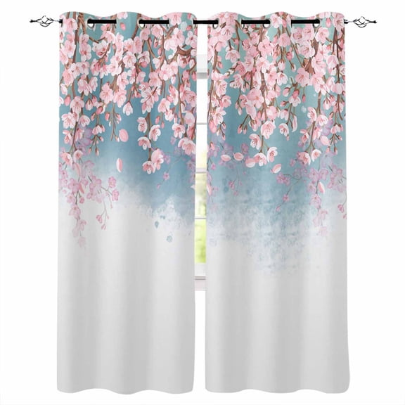 Pink Cherry Flower Black Out Curtains 63 Inch Long, Room Darkening Draperies Curtains Panels, Modern Watercolor Floral Plant Ombre Thermal Insulated Curtain for Bedroom Living Room 52"x63" 2 Panels
