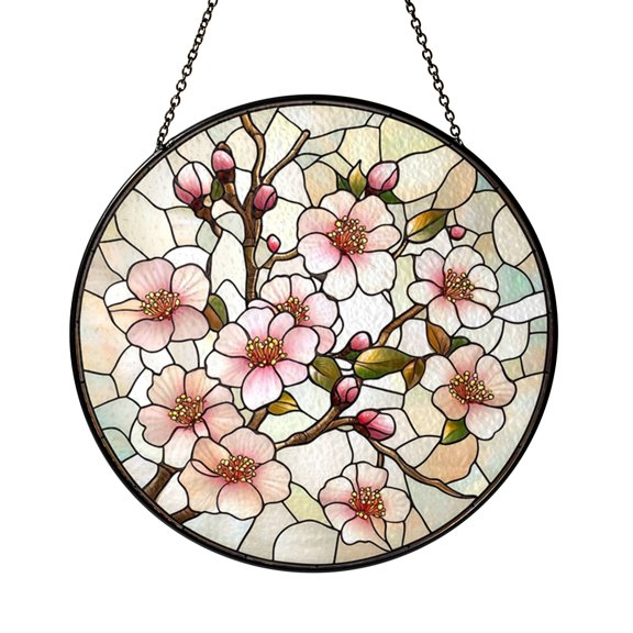 Pink Cherry Flower Stained Glass Suncatcher, Floral Botanical Window Hanging Decor, Nature Inspired Art Panel Accent for Spring Home Gift