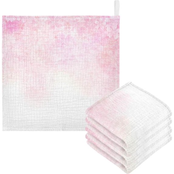 Pink Cherry Flowers Baby Muslin Washcloths Soft Absorbent Face Towel, Spring Valentines Floral Burp Cloths Cotton Bath Wipes 5 PCS Infant Wash Cloth for Newborn Boys Girls 12"x12"