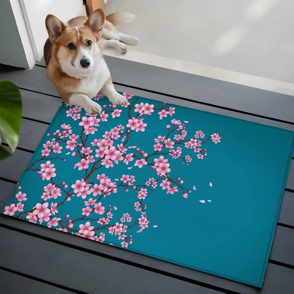 Pink Cherry Flowers Front Door Rugs 2x3 ft Watercolor Floral Tree Branches Lake Blue Small Rug for Entryway Non Slip Washable Bathroom Door Mat Absorbent Floor Mat for Indoor Entrance