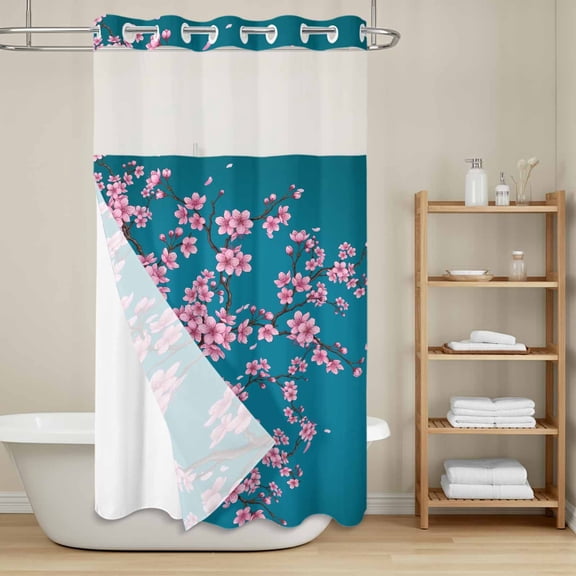 Pink Cherry Flowers No Hook Shower Curtain with Snap in Liner, Watercolor Floral Tree Branches Lake Blue Waterproof Shower Curtains with See Through Top Window Liner for Bathroom, 36x72 Inches