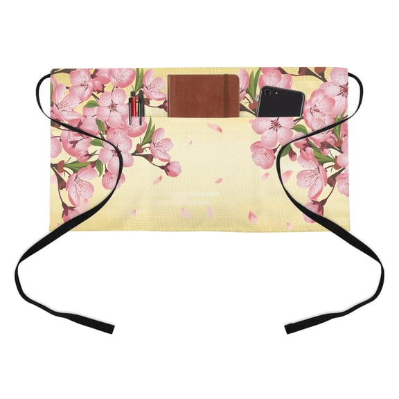 Pink Cherry Half Waist Apron Watercolor Floral Flower Blossoms Branhes Country Short Waiter Aprons with 3 Pockets for Women Men Kitchen Restaurant Cooking