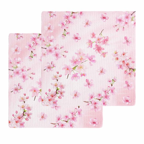 Pink Cherry Kitchen Dish Towels for Drying Dishes Set of 2, Spring Botanical Blossoms Flowers Floral Waffle Weave Microfiber Hand Tea Bathroom Towels Quick Dry & Absorbent Towel 12x12