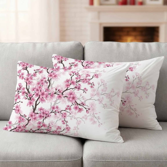 Pink Cherry Outdoor Waterproof Throw Pillow Covers 20x12 Set of 2, Spring Floral Flowers Botanical Watercolor Decorative Pillowcases Cushion Pillowcase for Couch Sofa Patio Outside Pillow Protector