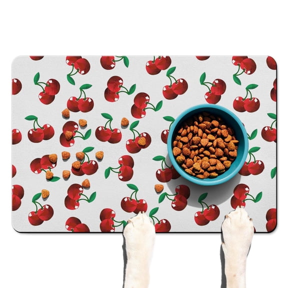 Pink Cherry Pattern Pet Water Bowl Mat - Eco-Friendly Anti-Mess Feeding Mat with Sponge Core, Sweet Fruit Design for Families